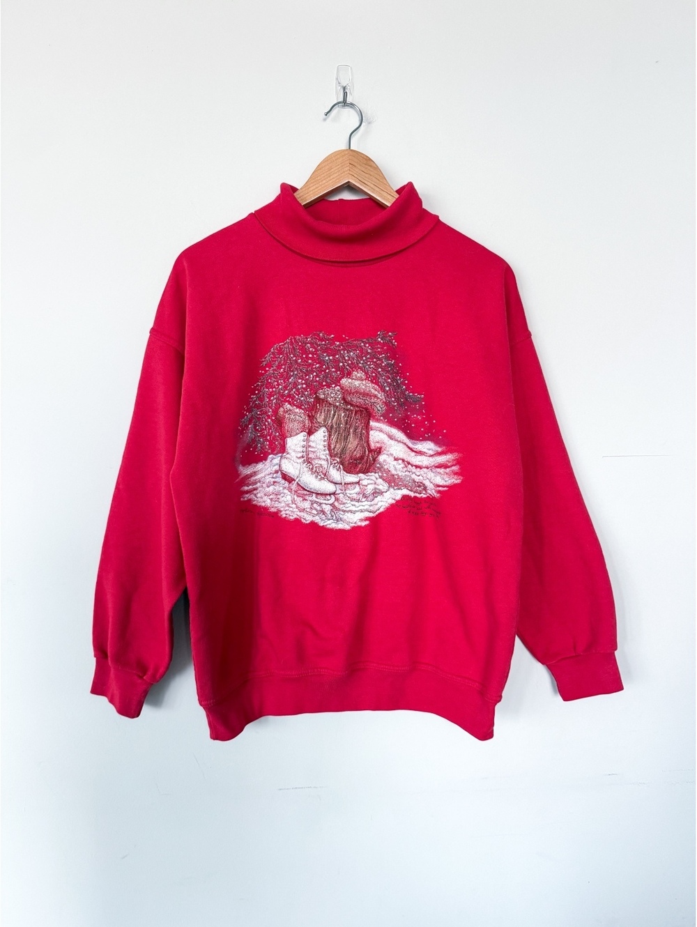 Vintage Red Turtleneck Graphic Sweatshirt Ice Skates Winter Christmas